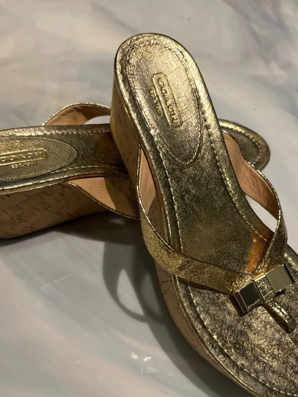 Coach Metallic Gold Bow Thong Sandals/wedges